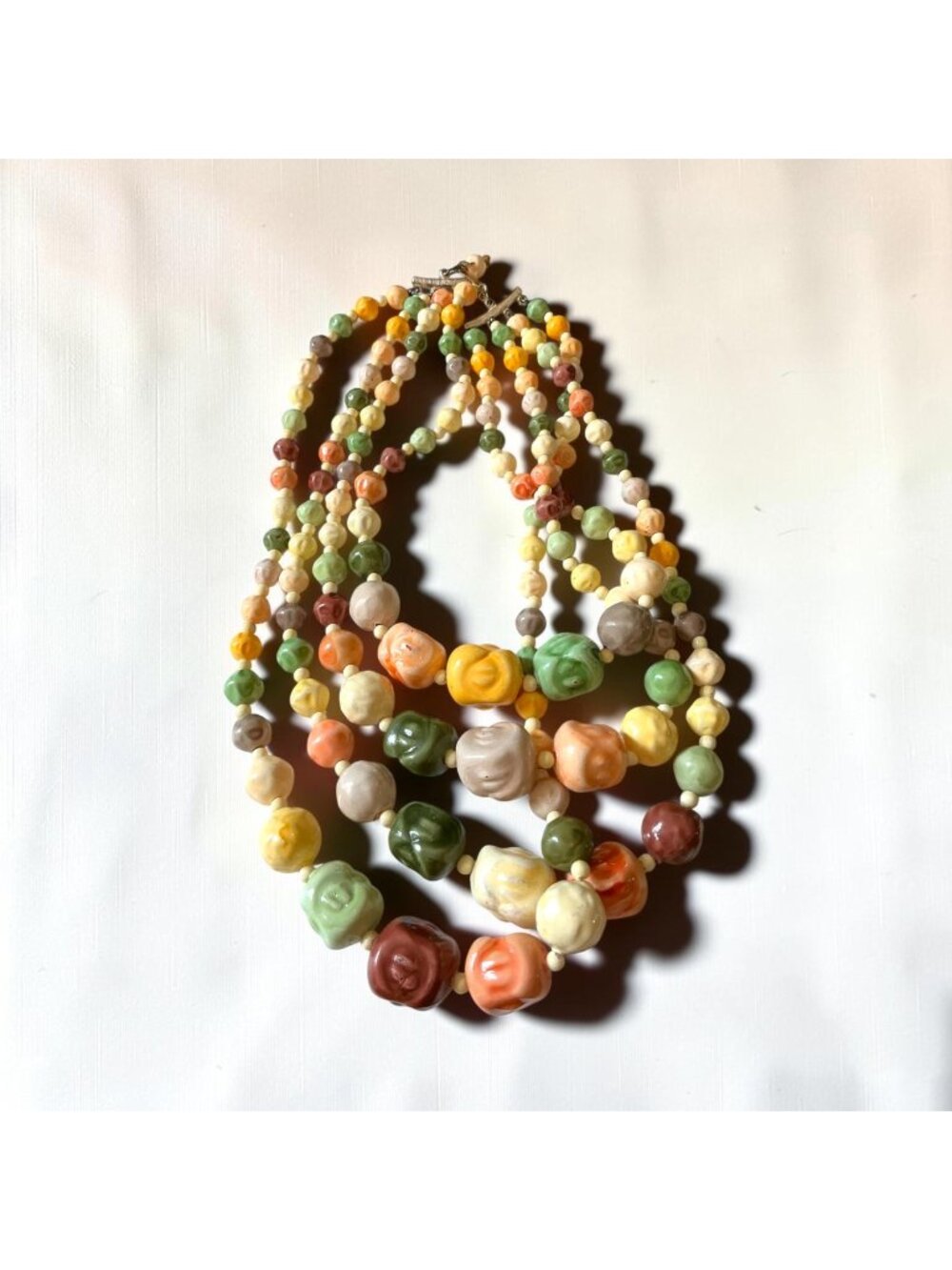 Vintage Multi-Strand Ceramic Rose Bead Necklace Colorful Floral Chunky Boho